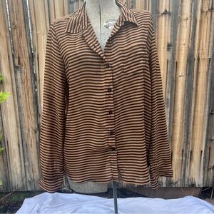 Love Culture L/S Sheer Button Down Womens Large Brown Black Feminine Office